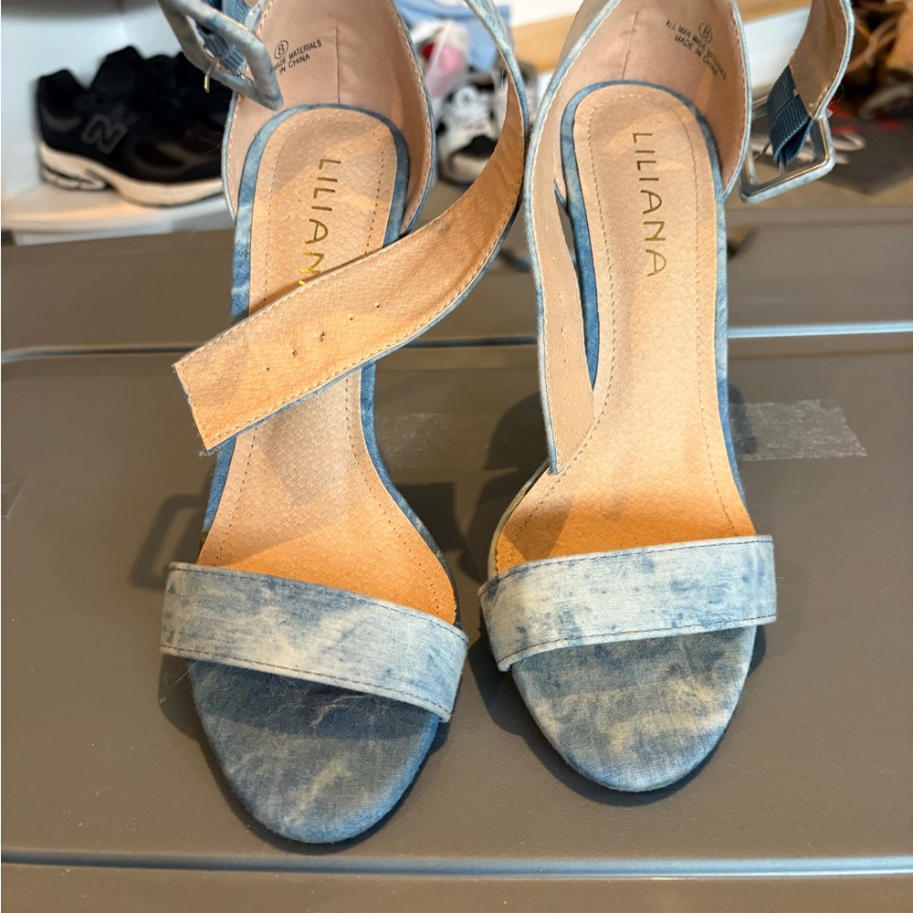 Liliana Light Blue Denim Open-Toe Ankle Strap Heels